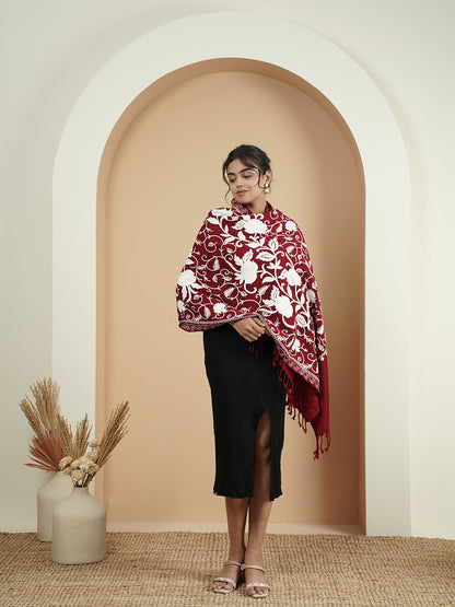 Floral Kashmiri Jaal Embroidery Warm Stole with Fringed Border | Maroon