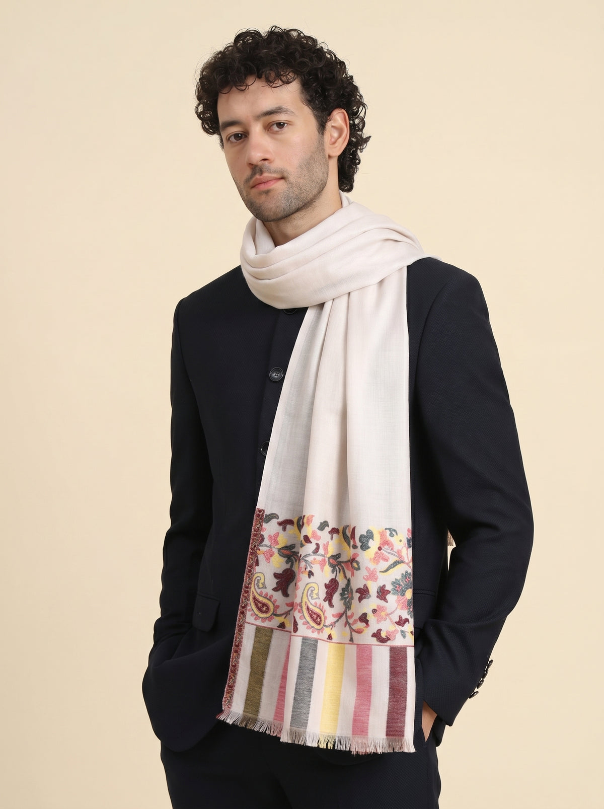 Ultra Soft Fine-Wool Kani Woven Stole for Men | Off White