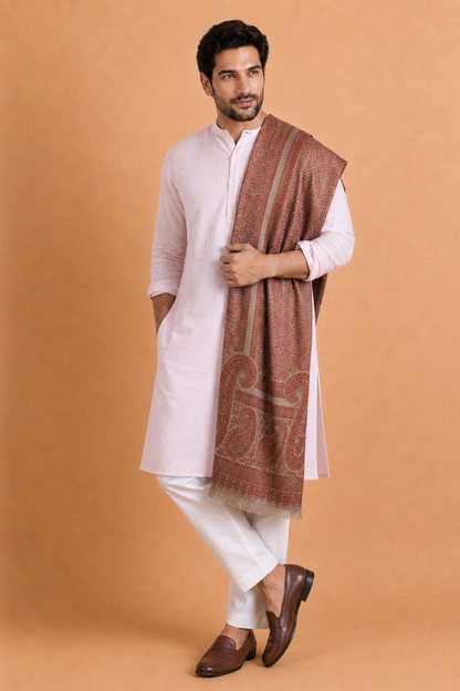 Kashmiri Kani Stole for Men in Floral Weaving | Brown - view 5