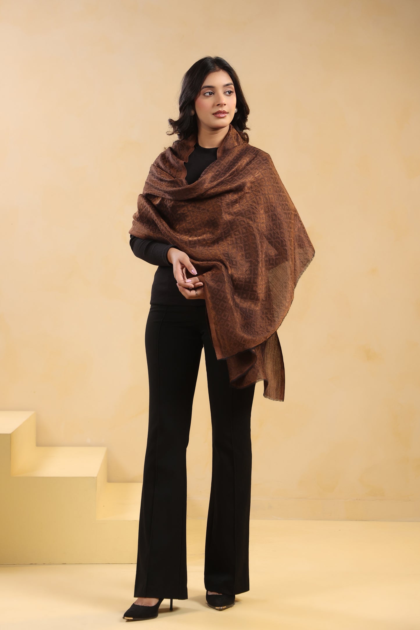 Fine Wool Solid Self Design Zari Stole | Brown