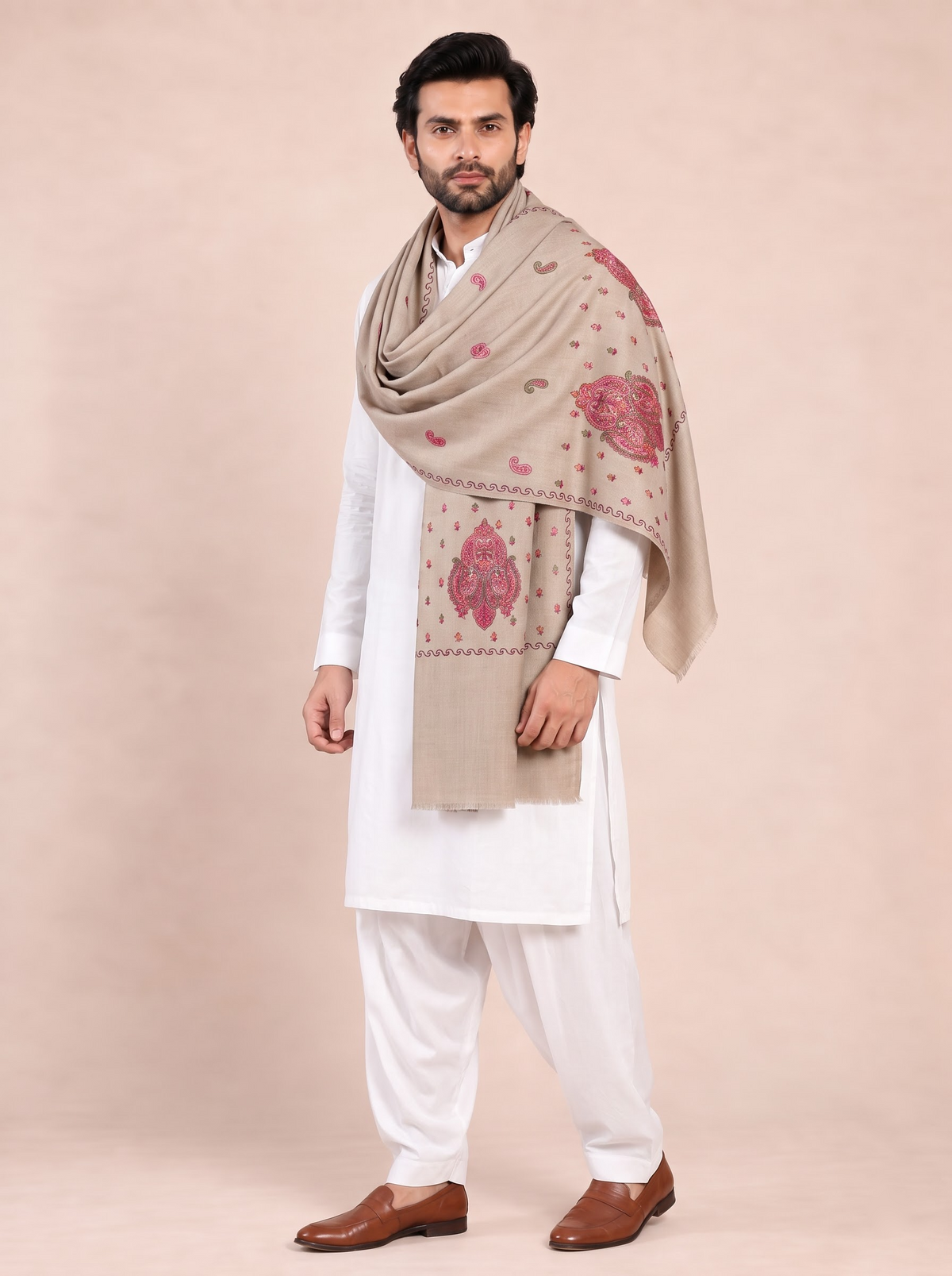 Fine Embroidery Paper Mache Kashmiri Wool Shawl for Men | Brown - view 3