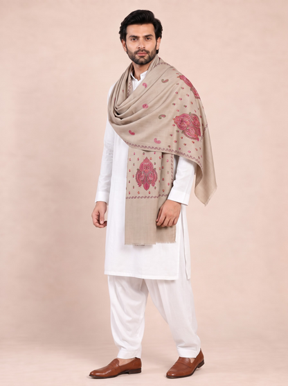 Fine Embroidery Paper Mache Kashmiri Wool Shawl for Men | Brown - view 3