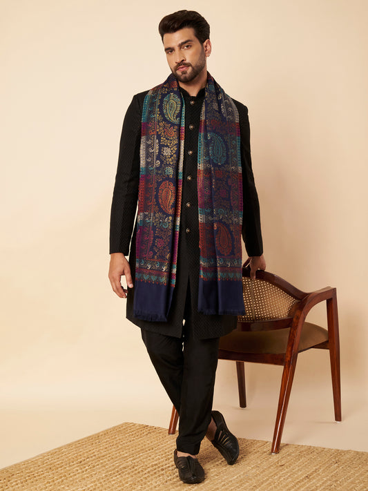Multicolor Paisley Kani Weave with Zari Work | Navy Blue