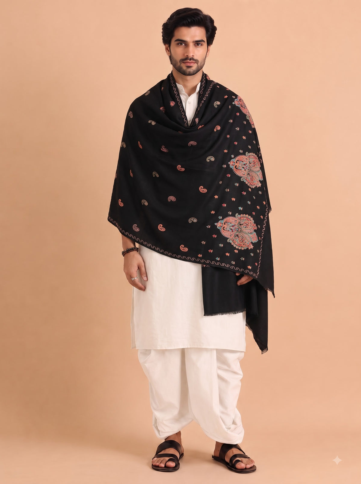 Fine Embroidery Paper Mache Kashmiri Wool Shawl for Men | Black - view 4