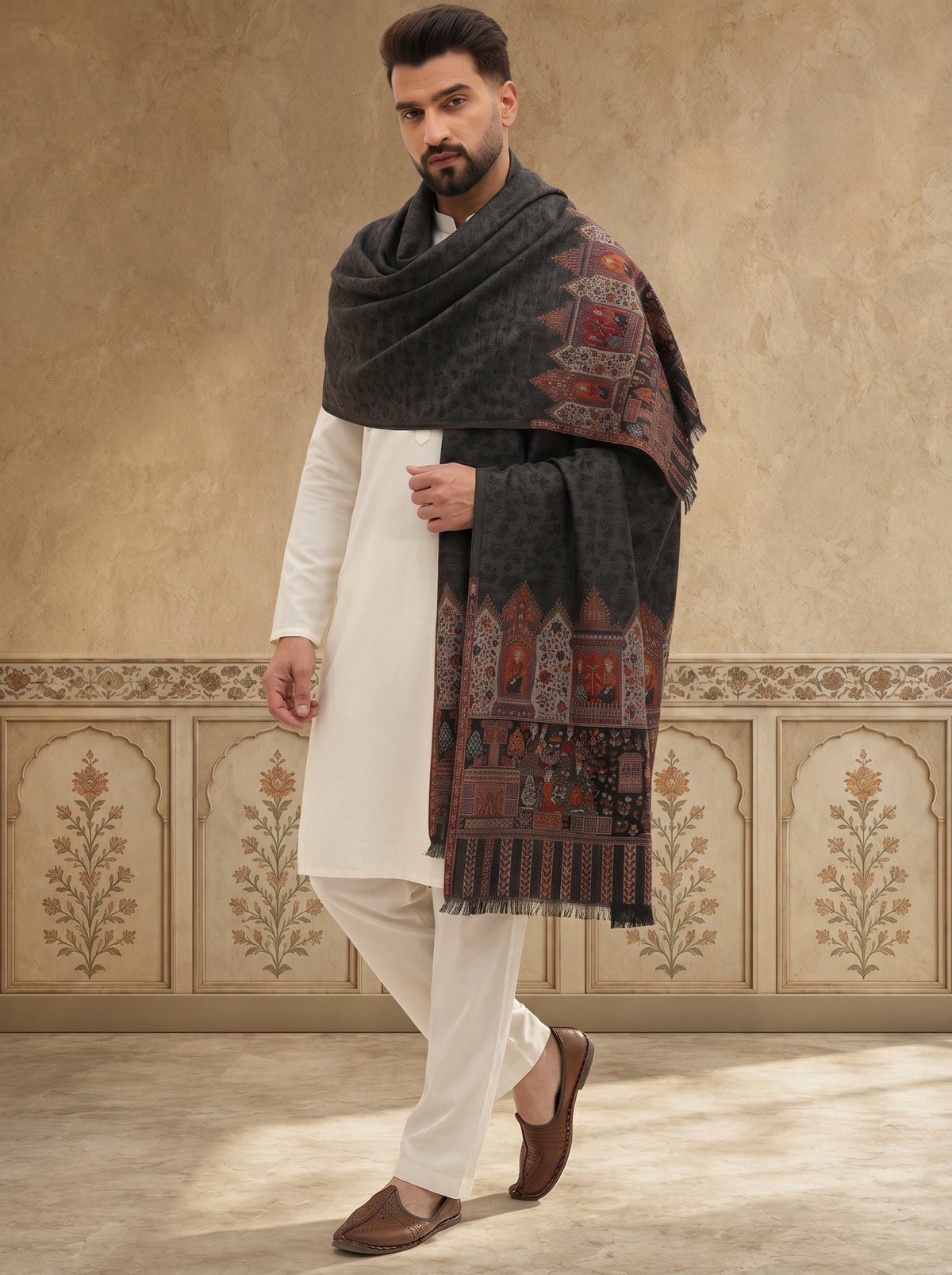 Kani Weave Pure Wool Shawl for Men with Royal Darbar Motifs Borders | Black