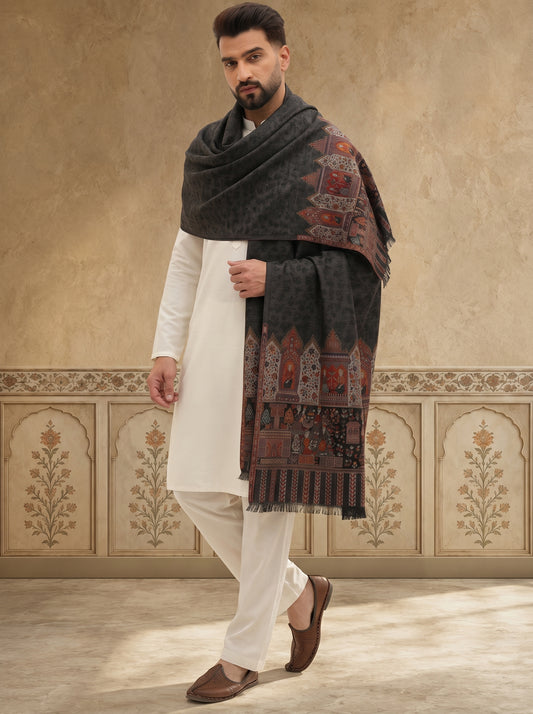Kani Weave Pure Wool Shawl for Men with Royal Darbar Motifs Borders | Black