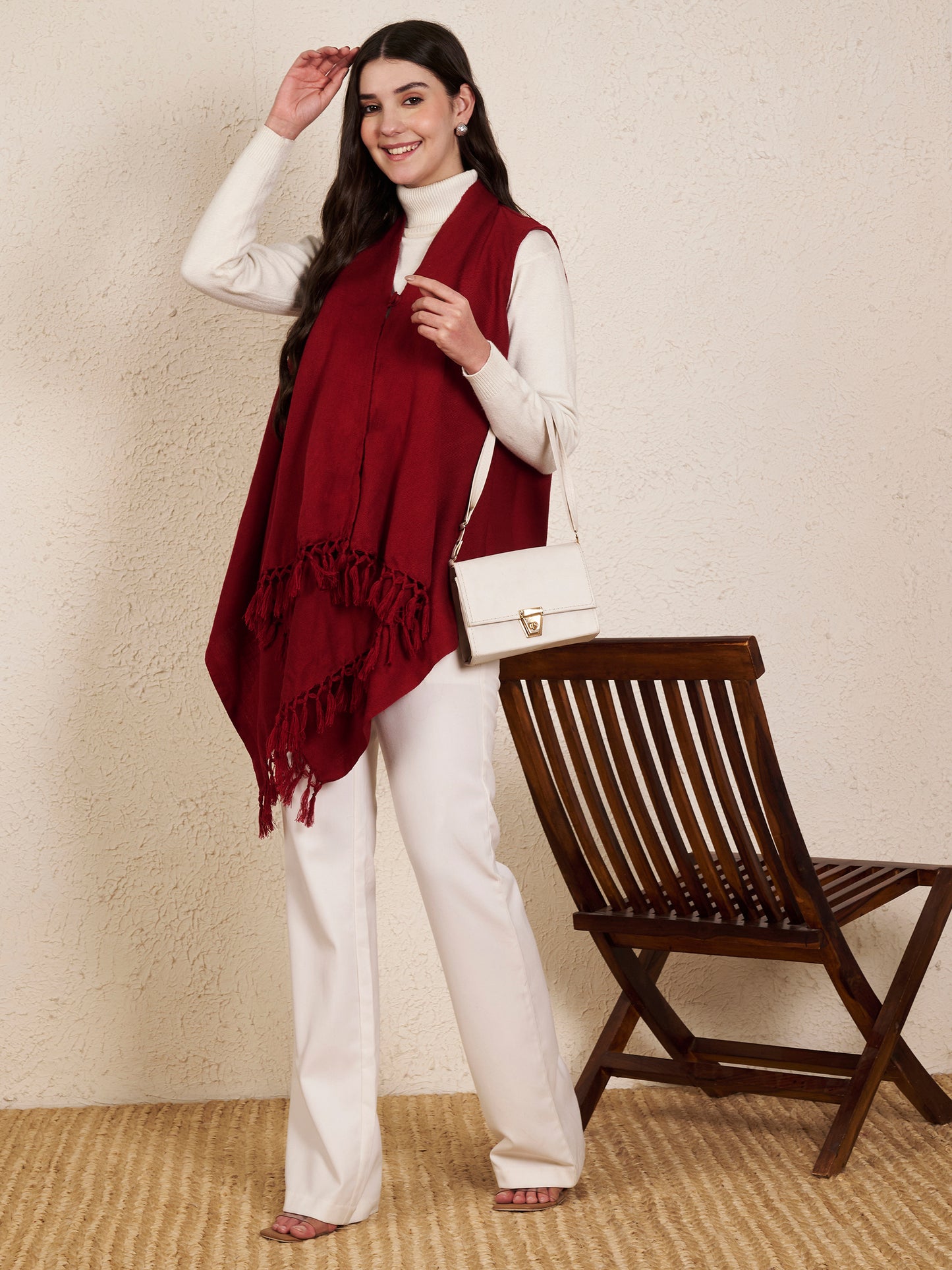 Women's Sleeveless Plain Shrug Cardigan | Maroon