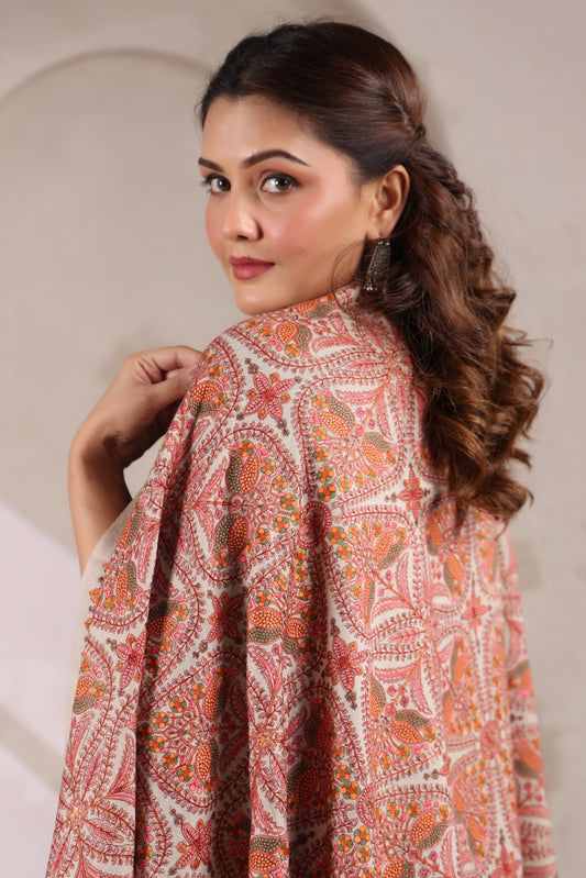 Pure Wool Shawl with All-over Floral Multicolour Sozni Embroidery