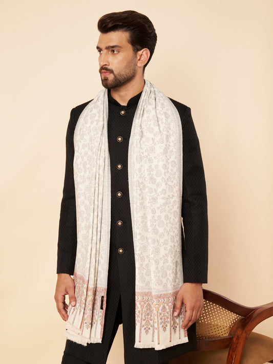 Kani Floral Weave Soft Woolen Shawl for Men | White