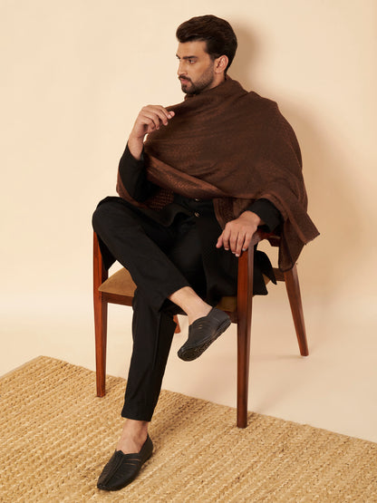 Fine Wool Solid Self Design Zari Stole | Brown