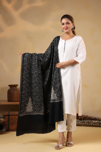 Kashmiri Jaal Embroidery Floral Shawl | Black