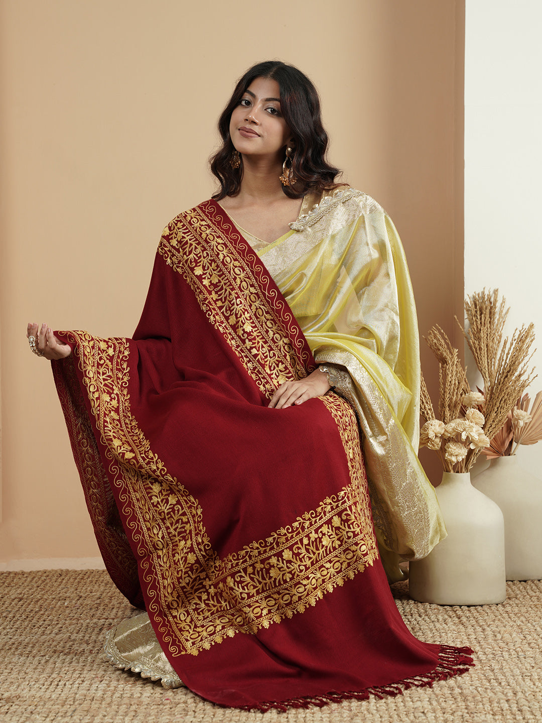 Floral Kashmiri Embroidery Warm Stole with Fringed Border | Red - view 2