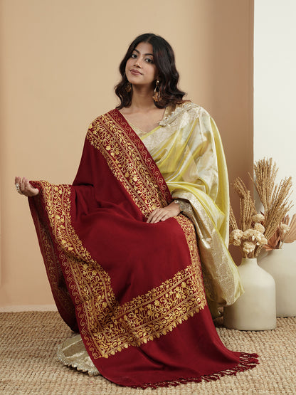 Floral Kashmiri Embroidery Warm Stole with Fringed Border | Red - view 2