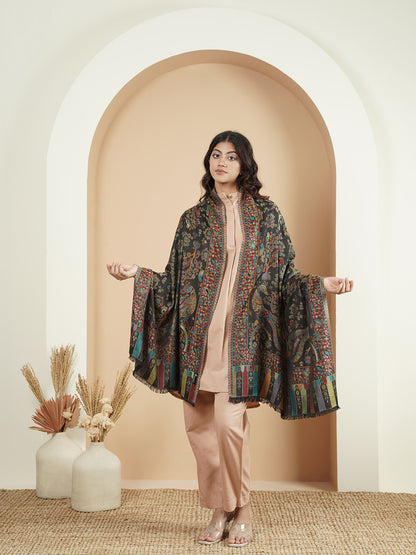 Kani Floral Weave Soft Woolen Stole for Women | Black