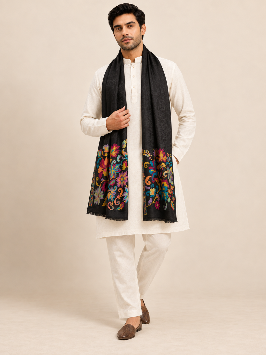 Kani Floral Patterns Cutting Weave Stole for Men | Black - view 2