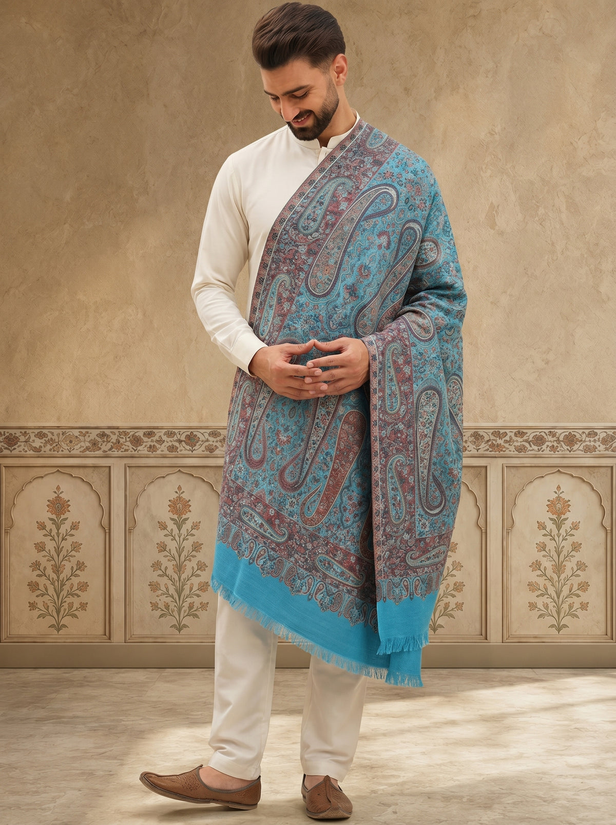 Kani Pure Wool Shawl for Men with Paisley Equisite Royal Pattern | Cyan