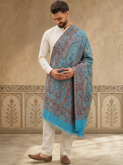 Kani Pure Wool Shawl for Men with Paisley Equisite Royal Pattern | Cyan