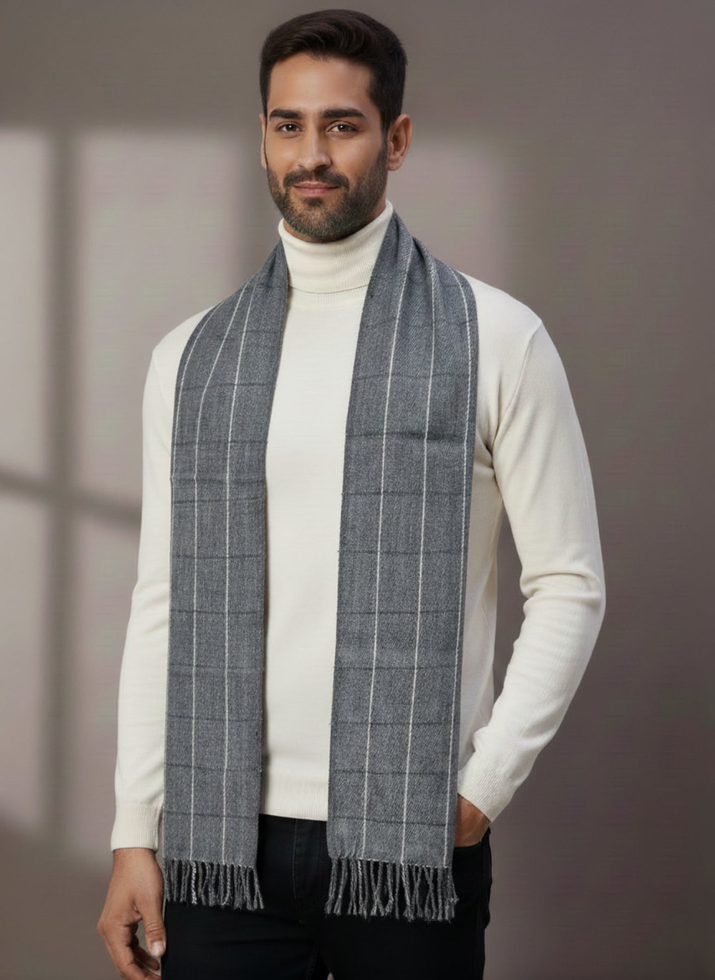 Soft Woollen Muffler for Men | Grey Check Scarf