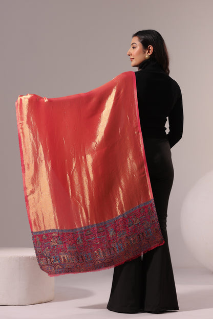 Women’s Premium Kani Woven Shawl with Zari Sheen | Pink Orange