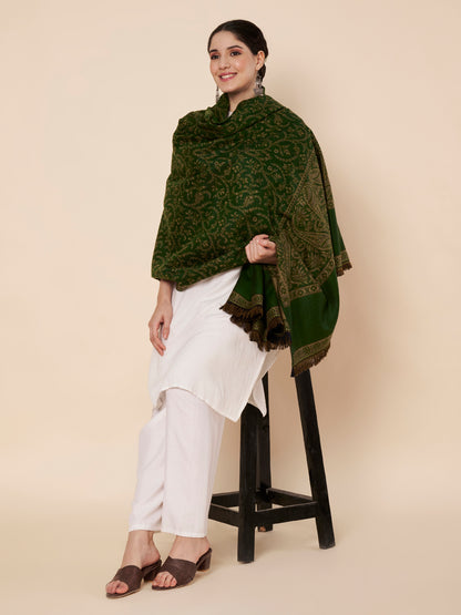 Woollen Kani Shawl with Intricate Kashmiri Paisley & Floral Woven Design | Green