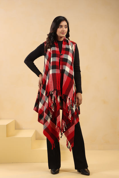Women's Sleeveless Checkered Shrug Cardigan | Red