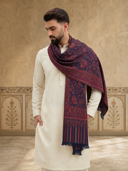 Kani Weave Floral Jaal Pattern Shawl for Men | Blue - view 4