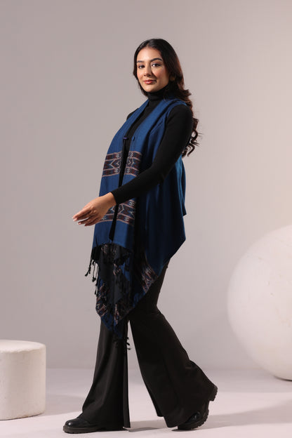 Women's Sleeveless Kullu Pattern Shrug Cardigan | Blue
