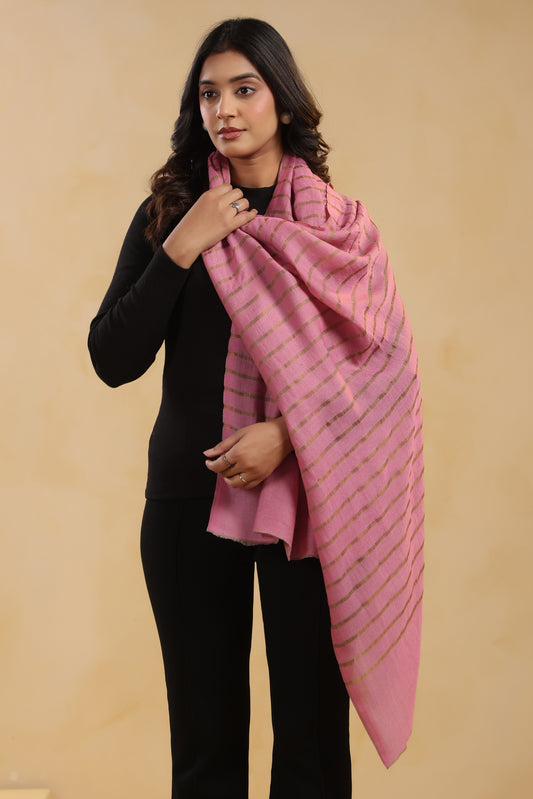 Fine Wool Horizontal Zari Stripes Stole | Pink