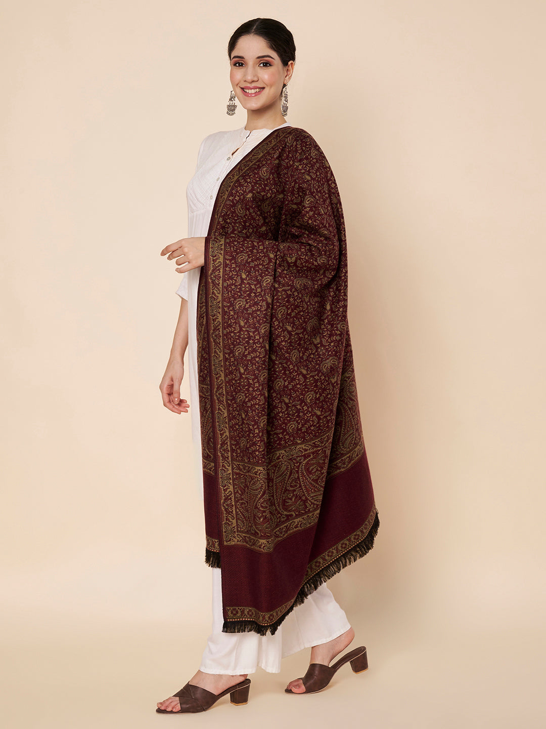 Woollen Kani Shawl with Intricate Kashmiri Paisley & Floral Woven Design | Maroon