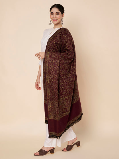 Woollen Kani Shawl with Intricate Kashmiri Paisley & Floral Woven Design | Maroon