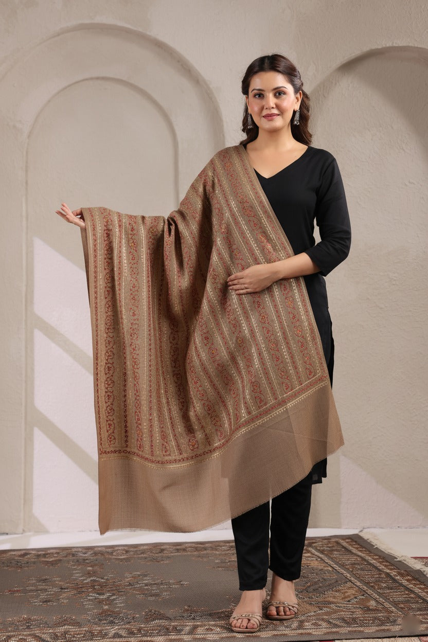 Sozni Zari Embroidery Kashmiri Shawl | Beige