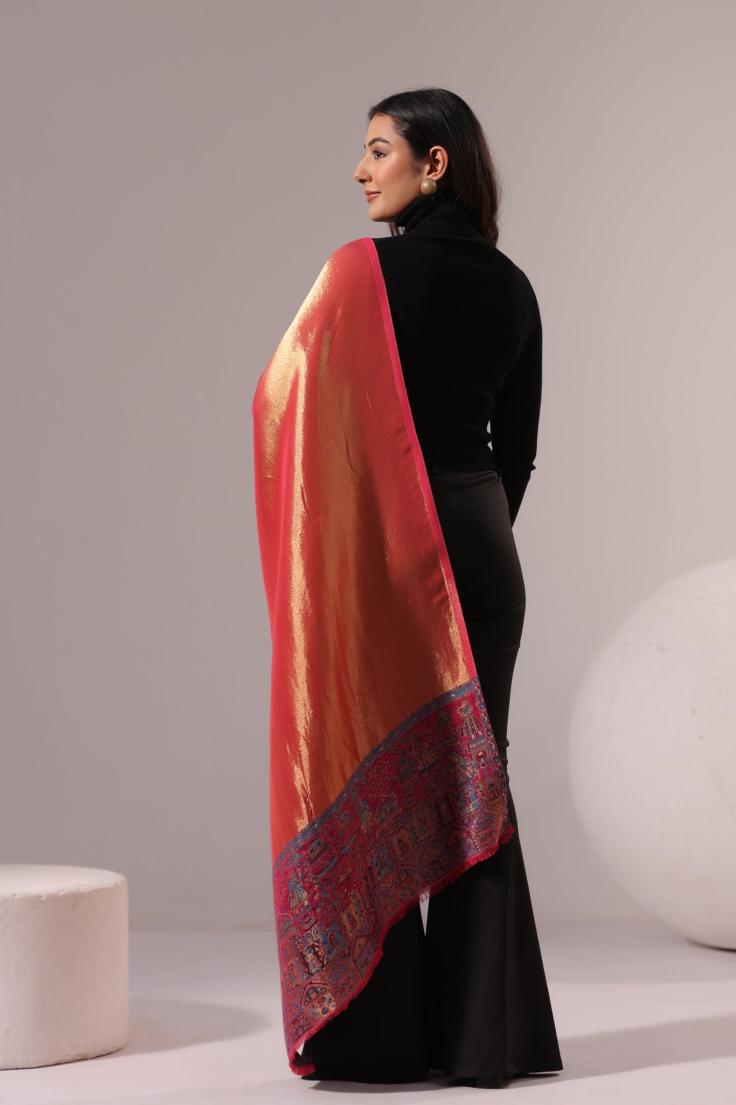 Women’s Premium Kani Woven Shawl with Zari Sheen | Pink Orange