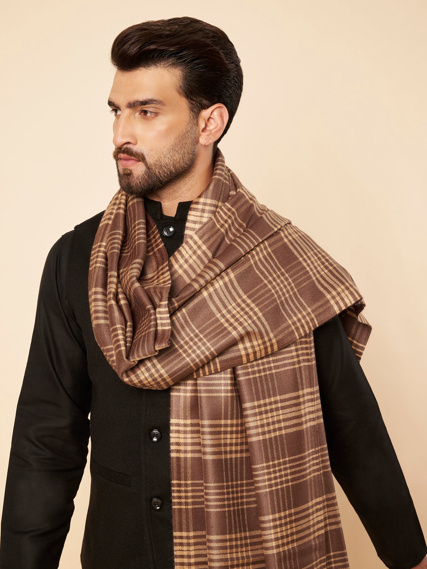Men's Woollen Lohi Shawl | Brown Stripe Check - view 4