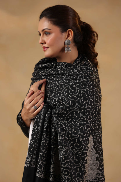 Kashmiri Jaal Embroidery Floral Shawl | Black
