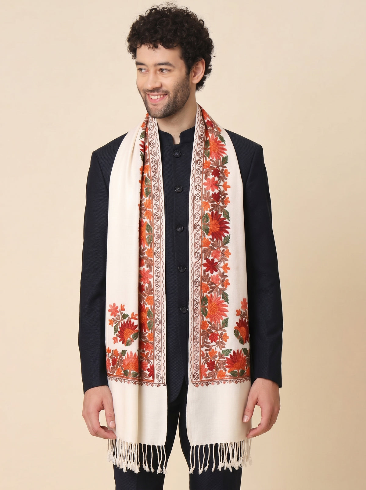Kashmiri Aari Embroidery Woollen Stole for Men | White - view 2