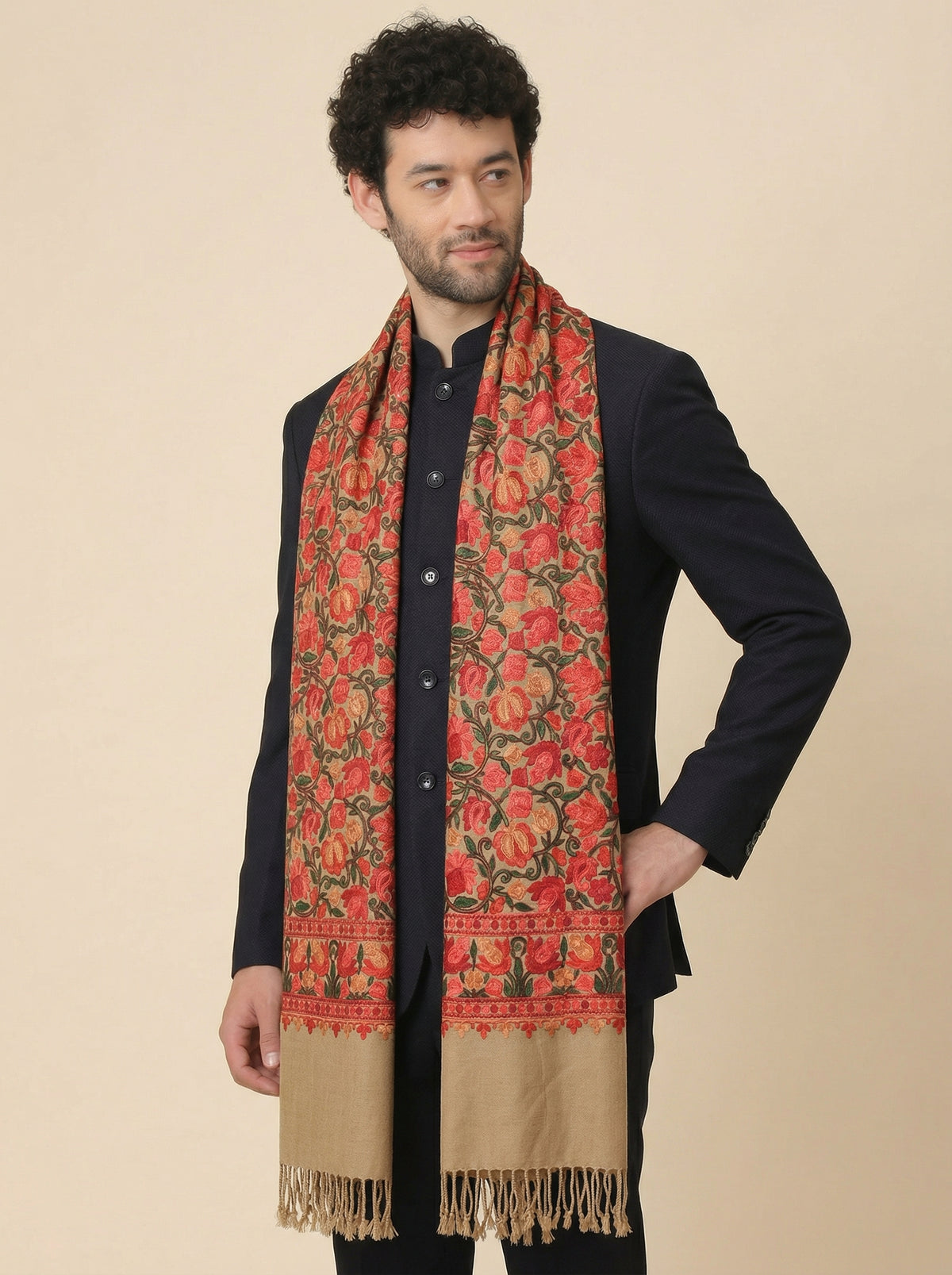Kashmiri Aari Embroidery Woollen Stole for Men | Brown - view 3