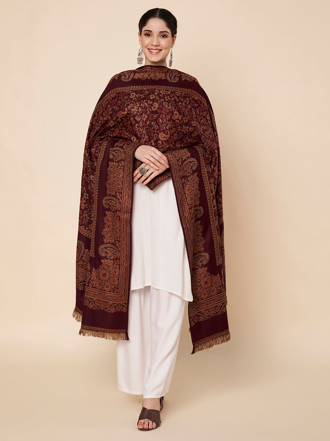 Woollen Kani Shawl with Traditional Kashmiri Floral & Paisley Woven Design | Maroon