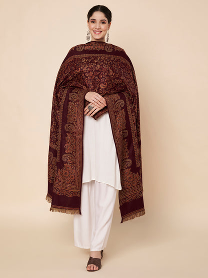 Woollen Kani Shawl with Traditional Kashmiri Floral & Paisley Woven Design | Maroon