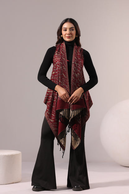 Women's Sleeveless Zari Pattern Shrug Cardigan | Maroon