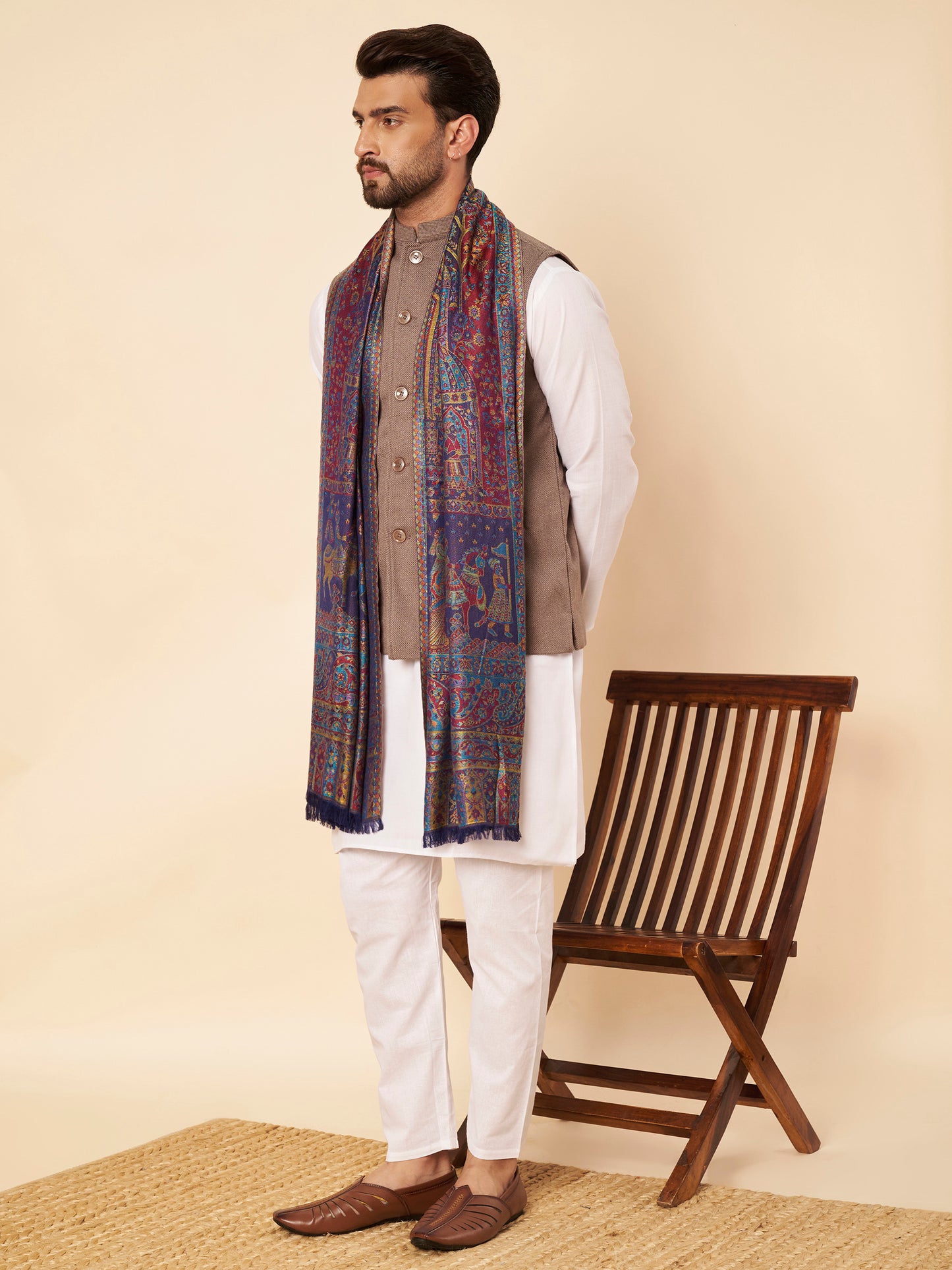 Kani Darbar Weave Soft Woolen Stole for Men | Blue