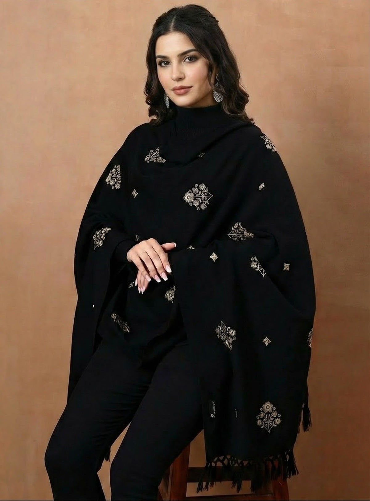 Woolen Embroidered Stole for Women | Black - view 4