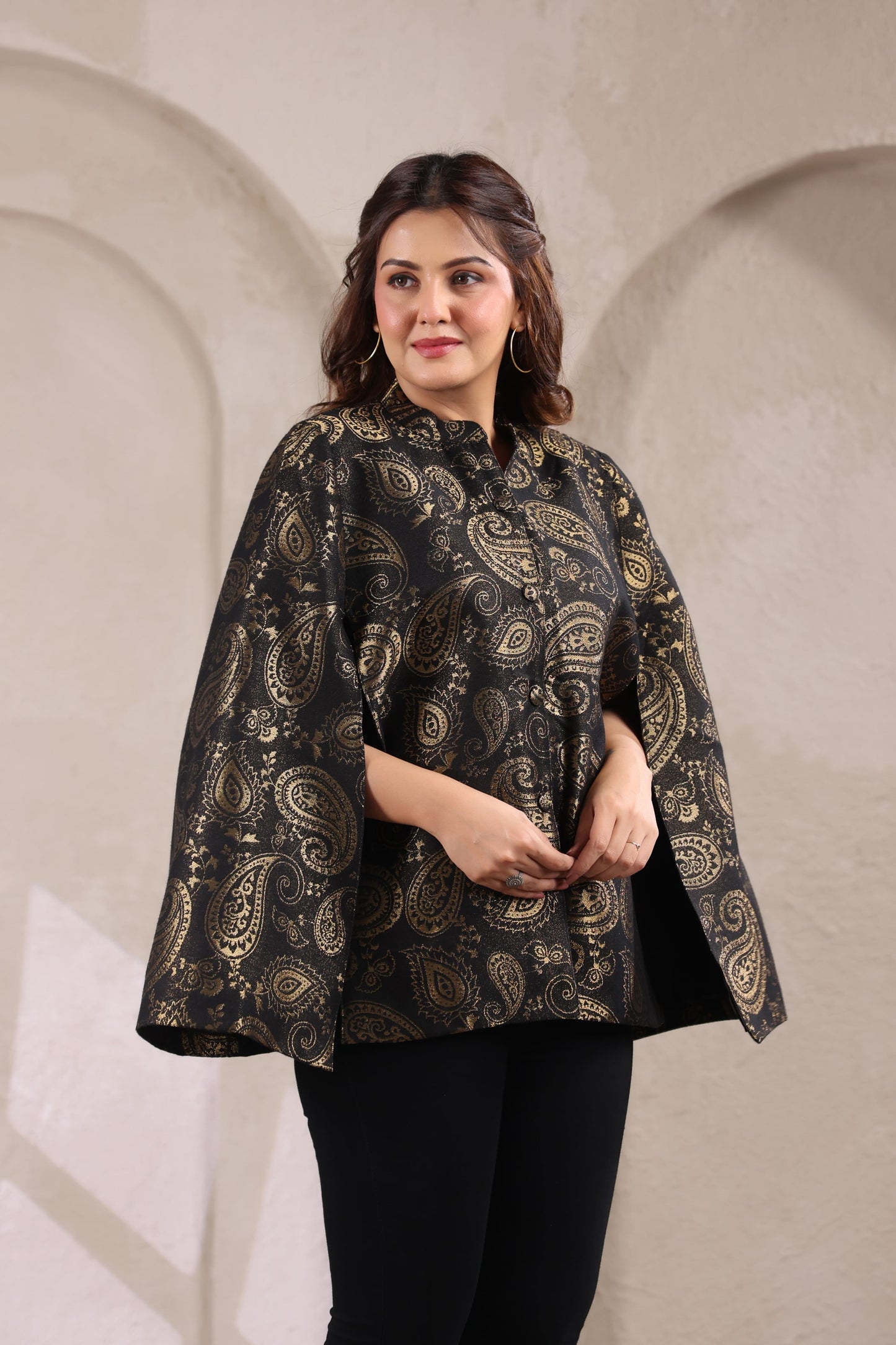 Women's Designer Zari Weave Paisley Cape Jacket | Black