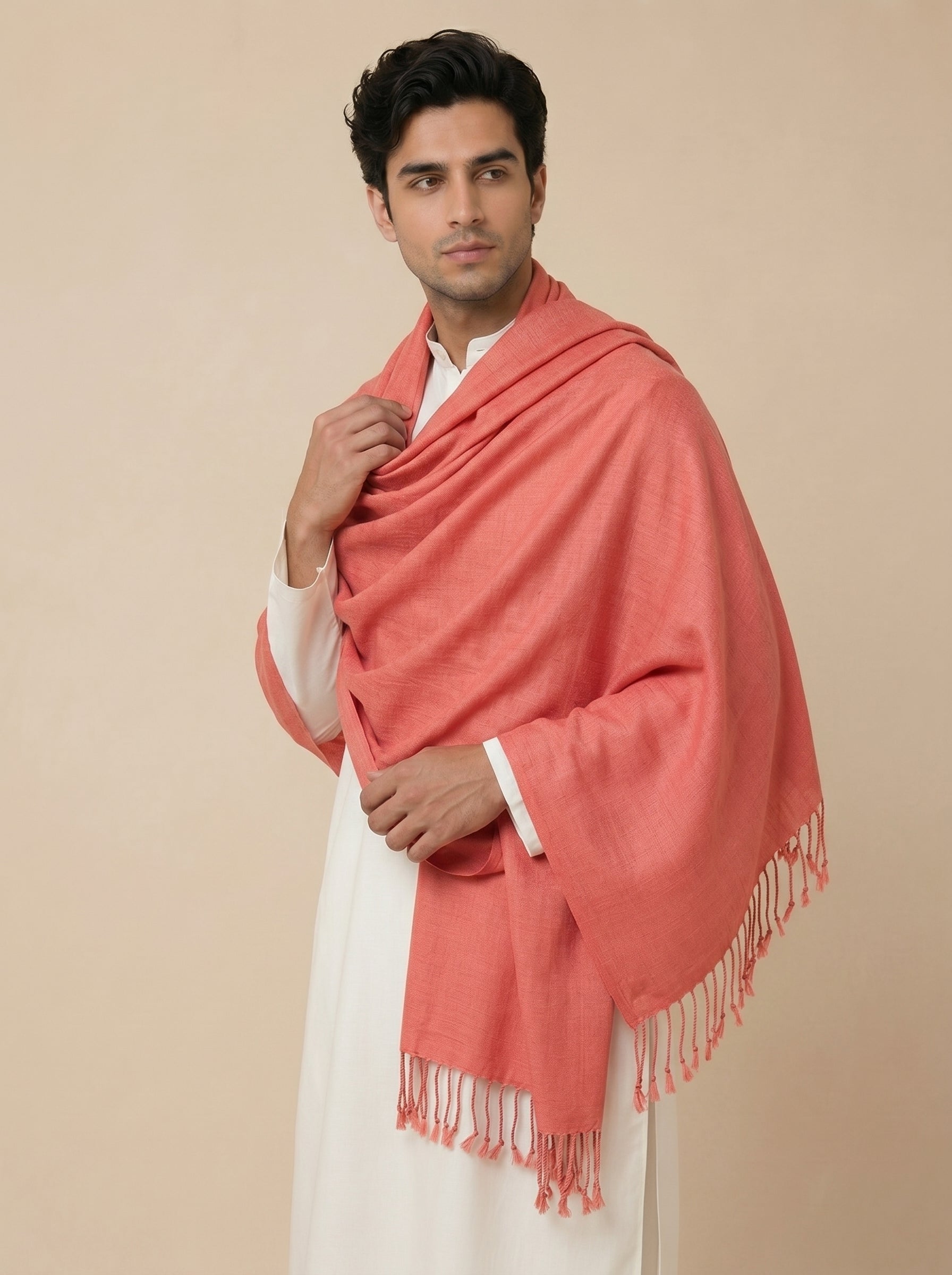 Men Lightweight Solid Color Warm Stole | Peach - view 4