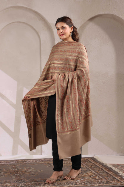 Sozni Zari Embroidery Kashmiri Shawl | Beige