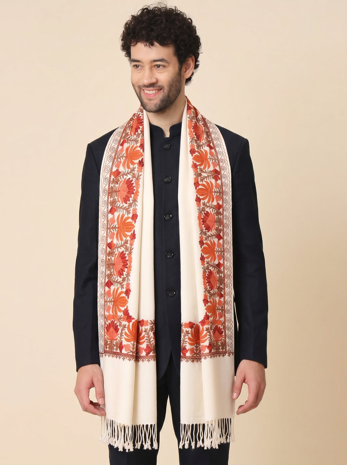 Kashmiri Aari Embroidery Woollen Stole for Men | Off White