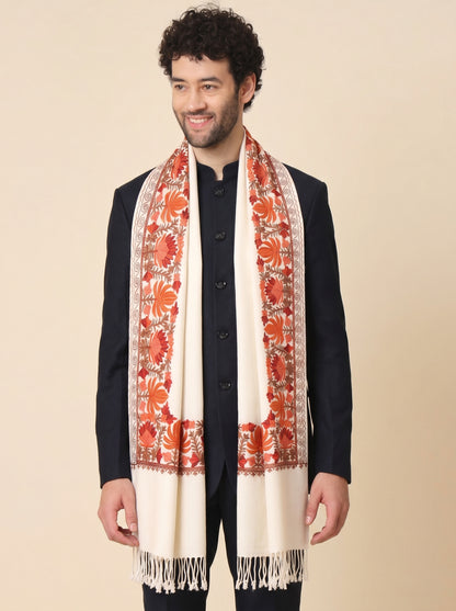 Kashmiri Aari Embroidery Woollen Stole for Men | Off White