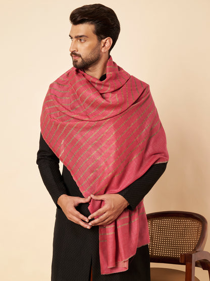 Fine Wool Horizontal Zari Stripes Stole | Pink
