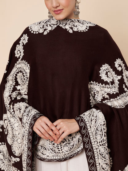 Floral Kashmiri Embroidery Warm Stole with Fringed Border | Coffee Brown