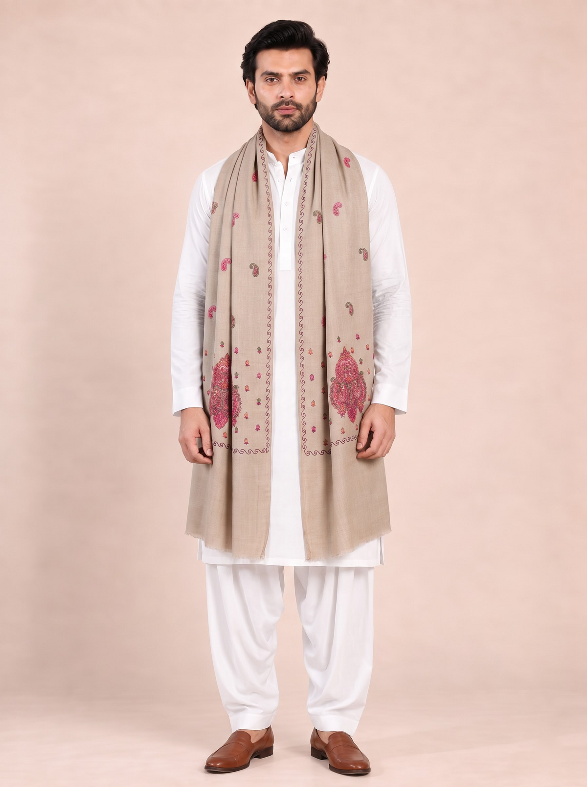 Fine Embroidery Paper Mache Kashmiri Wool Shawl for Men | Brown - view 2