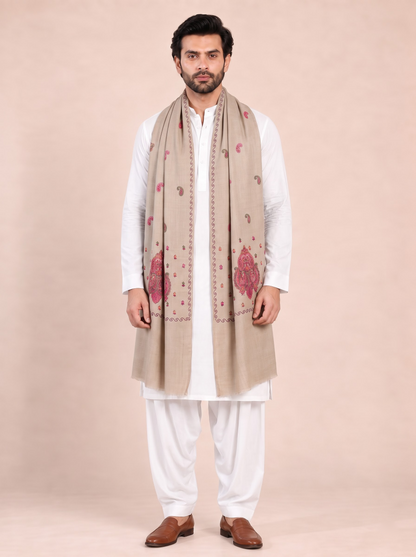 Fine Embroidery Paper Mache Kashmiri Wool Shawl for Men | Brown - view 2